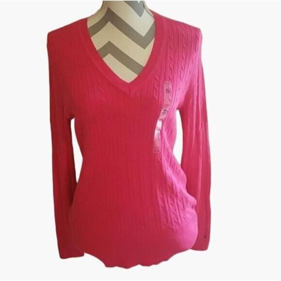 Tommy Hilfiger Pink Barbie Pullover V-Neck Cable Knit Sweater Size Medium - Picture 1 of 6